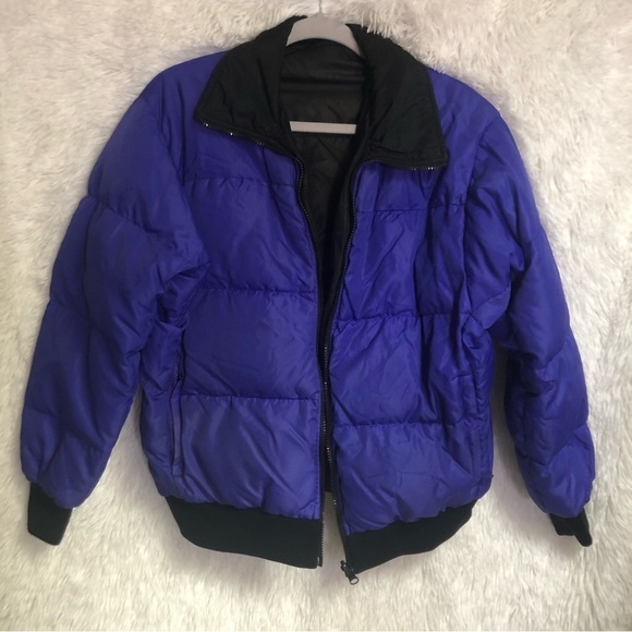 COLUMBIA Sportswear Down Zip Puffer Jacket Reversible Black & Bluish Purple sz L - Picture 3 of 8